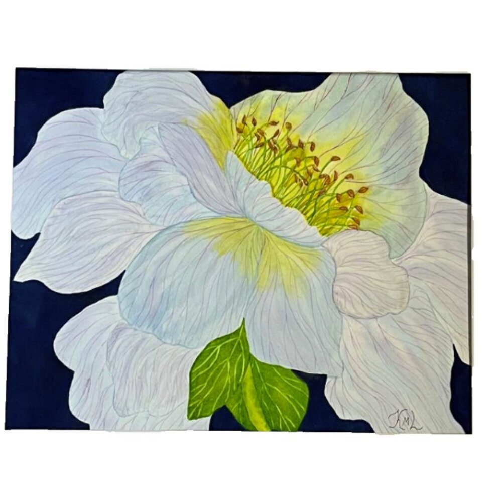 PAINTING WATERCOLOR ORIGINAL ART FLOWER PEONY BLUE LAVENDER 11X14 and MAT 18x20